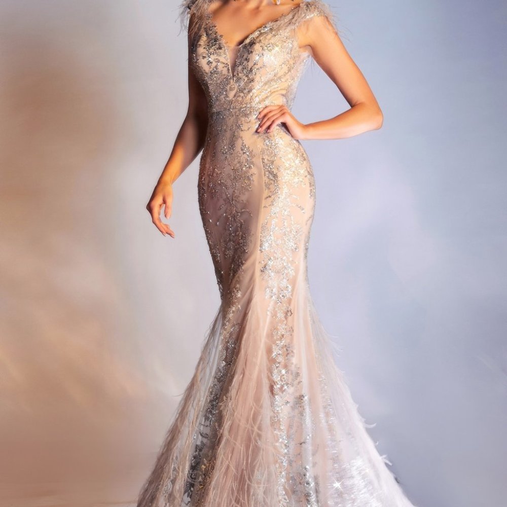 SILVER/NUDE FEATHERED MERMAID PROM PARTY LONG MAXI  EVENING GOWN DRESS CDC57 - Picture 10 of 10
